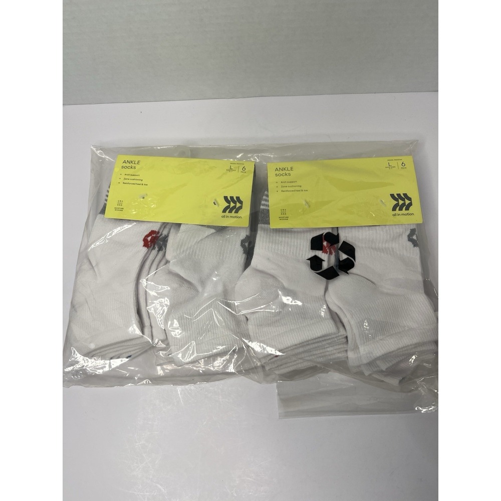 Kids All In Motion Ankle Socks 12 Pairs White Cushion Arch Sz L 3-7